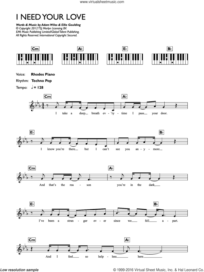 I Need Your Love (featuring Ellie Goulding) sheet music for piano solo (keyboard) by Calvin Harris, Ellie Goulding and Adam Wiles, intermediate piano (keyboard)