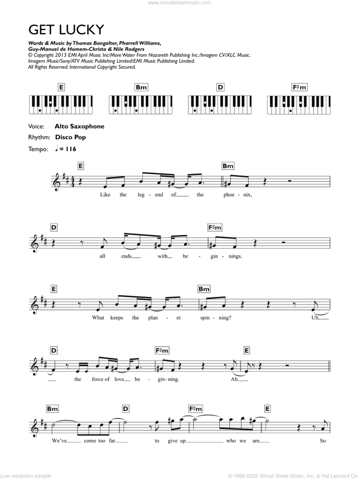 Get Lucky (featuring Pharrell Williams) sheet music for piano solo (keyboard) by Daft Punk, Guy-Manuel de Homem-Christo, Nile Rodgers, Pharrell Williams and Thomas Bangalter, intermediate piano (keyboard)