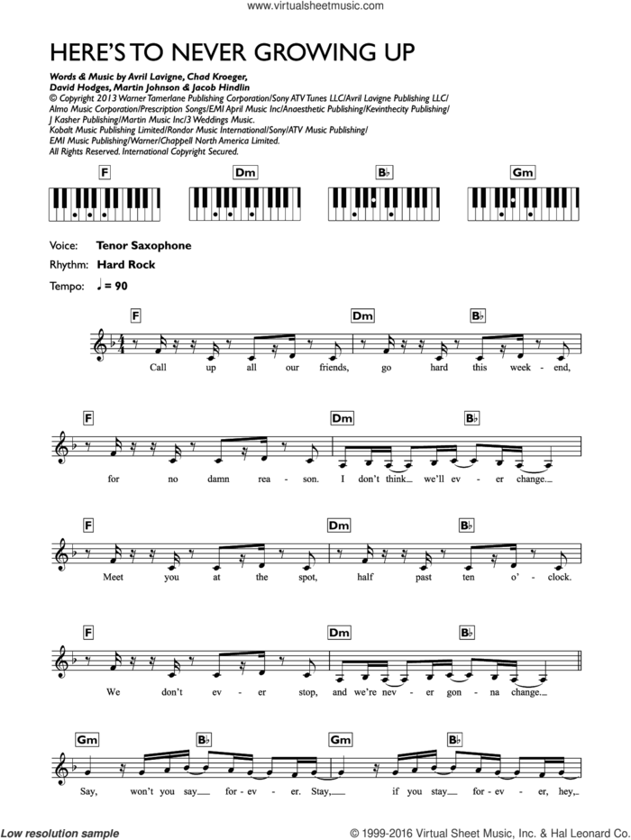 Here's To Never Growing Up sheet music for piano solo (chords, lyrics, melody) by Avril Lavigne, Chad Kroeger, David Hodges, Jacob Hindlin and Martin Johnson, intermediate piano (chords, lyrics, melody)