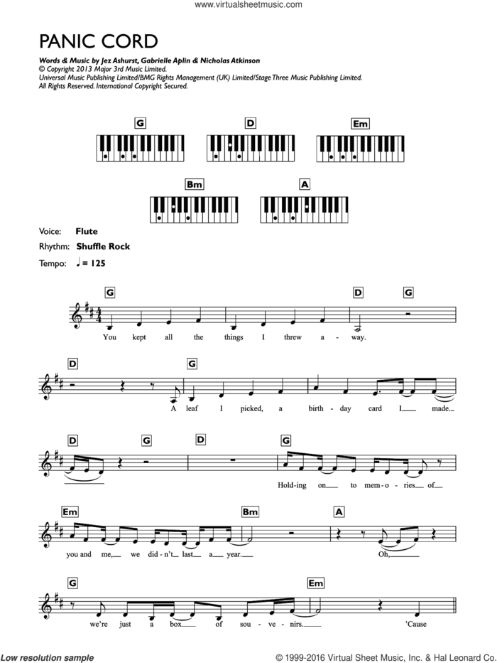 Panic Cord sheet music for piano solo (chords, lyrics, melody) by Gabrielle Aplin, Jez Ashurst and Nicholas Atkinson, intermediate piano (chords, lyrics, melody)