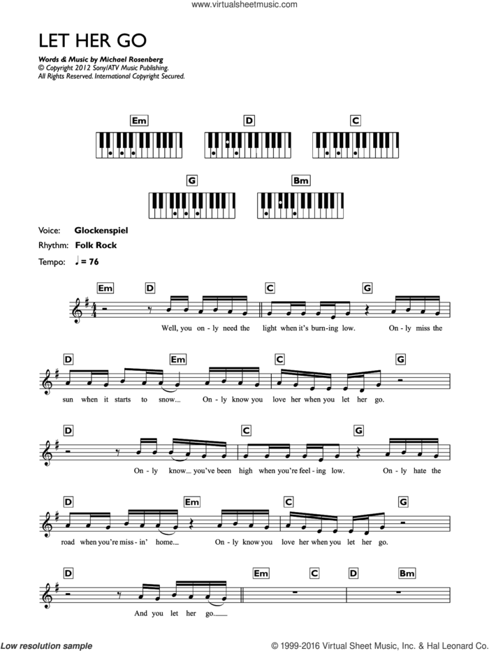 Let Her Go sheet music for piano solo (chords, lyrics, melody) by Passenger and Michael Rosenberg, intermediate piano (chords, lyrics, melody)