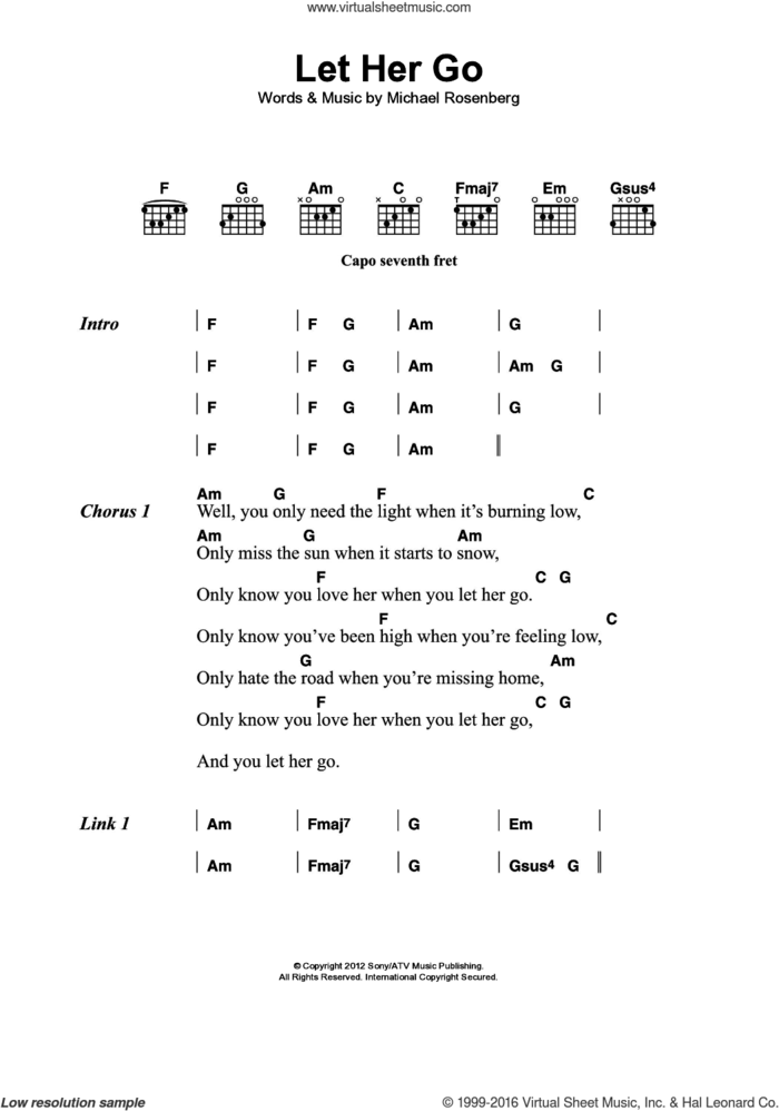 Let Her Go sheet music for guitar (chords) by Passenger and Michael Rosenberg, intermediate skill level