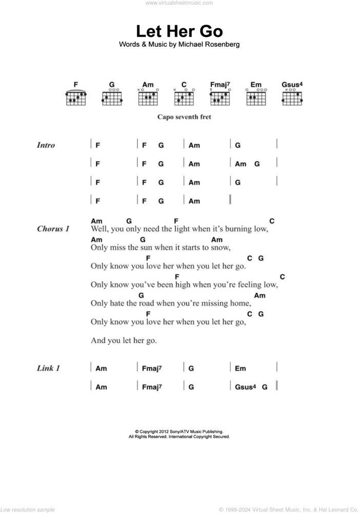 Let Her Go sheet music for guitar (chords) by Passenger and Michael Rosenberg, intermediate skill level