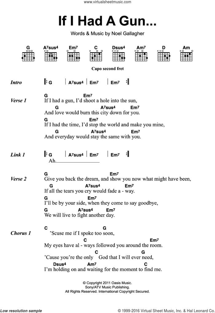 If I Had A Gun... sheet music for guitar (chords) by Noel Gallagher's High Flying Birds and Noel Gallagher, intermediate skill level