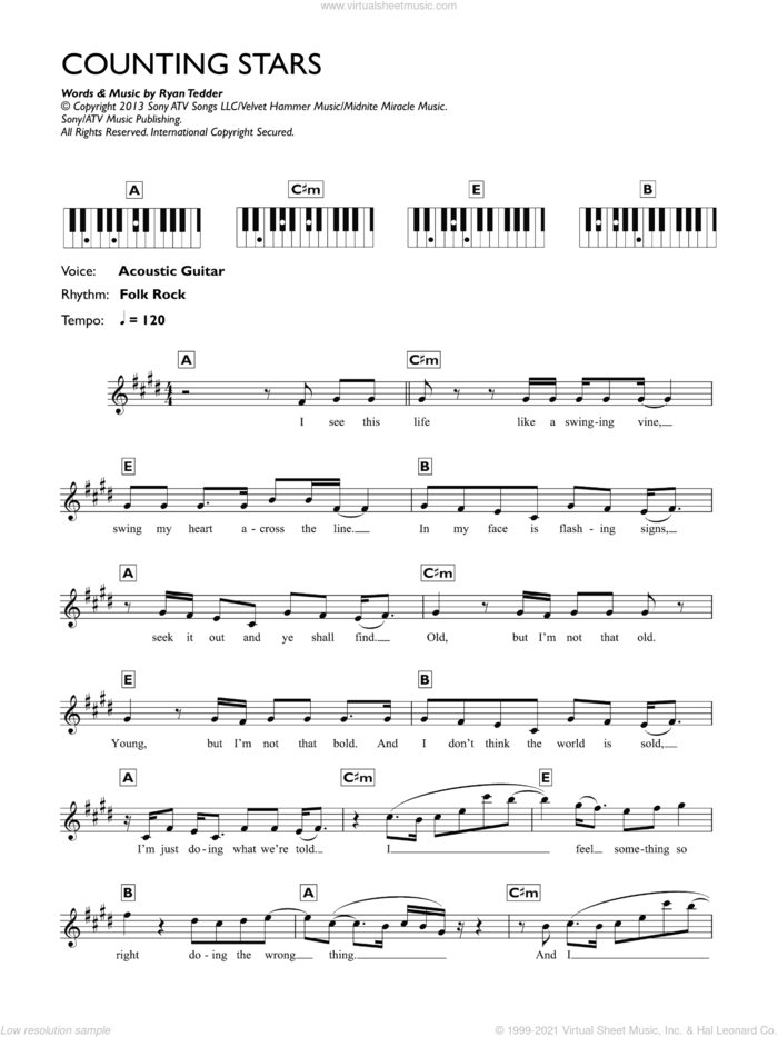Counting Stars sheet music for piano solo (chords, lyrics, melody) by OneRepublic and Ryan Tedder, intermediate piano (chords, lyrics, melody)