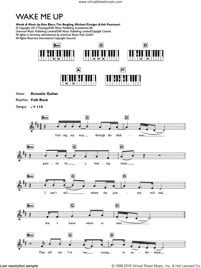 Wake Me Up sheet music for piano solo (keyboard) by Avicii, Aloe Blacc, Michael Einziger and Tim Bergling, intermediate piano (keyboard)