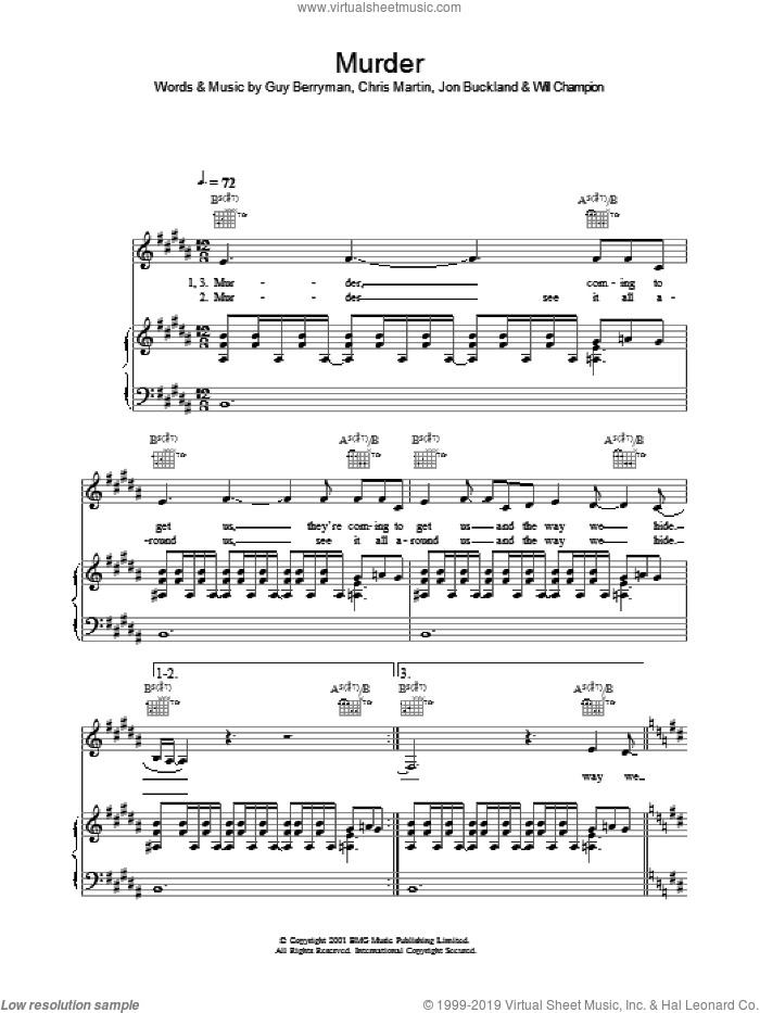 Murder sheet music for voice, piano or guitar by Coldplay, Chris Martin, Guy Berryman, Jon Buckland and Will Champion, intermediate skill level