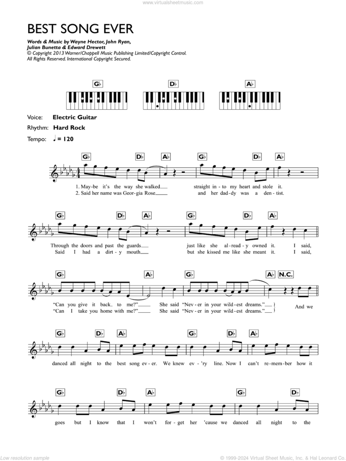 Best Song Ever sheet music for piano solo (chords, lyrics, melody) by One Direction, Edward Drewett, John Ryan, Julian Bunetta and Wayne Hector, intermediate piano (chords, lyrics, melody)