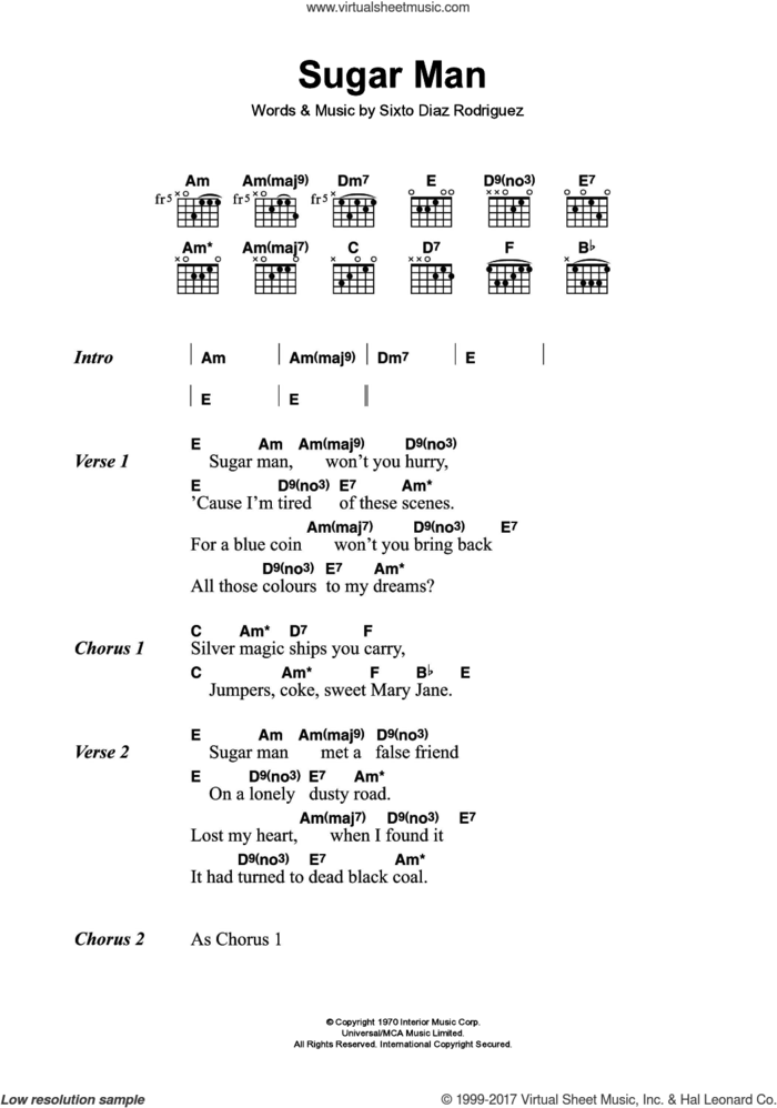 Sugar Man sheet music for guitar (chords) by Rodriguez and Sixto Diaz Rodriguez, intermediate skill level