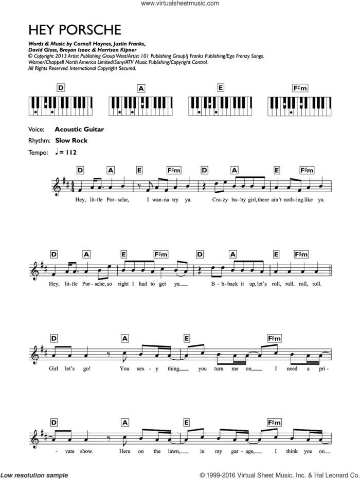 Hey Porsche sheet music for piano solo (chords, lyrics, melody) by Nelly, Breyan Isaac, Cornell Haynes, David Glass, Harrison Kipner and Justin Franks, intermediate piano (chords, lyrics, melody)