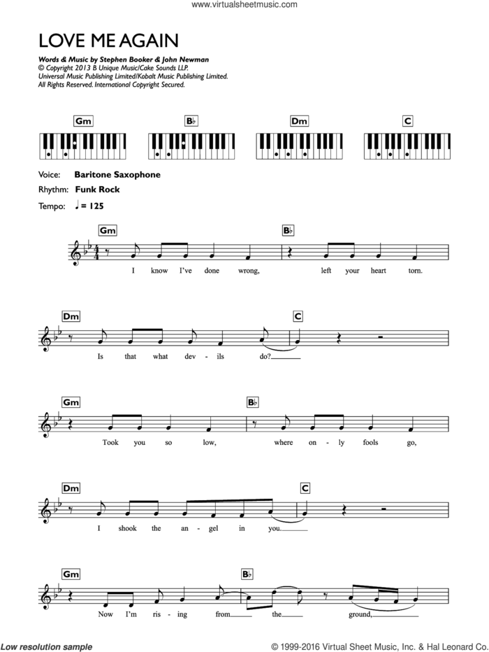 Love Me Again sheet music for piano solo (chords, lyrics, melody) by John Newman and Steve Booker, intermediate piano (chords, lyrics, melody)