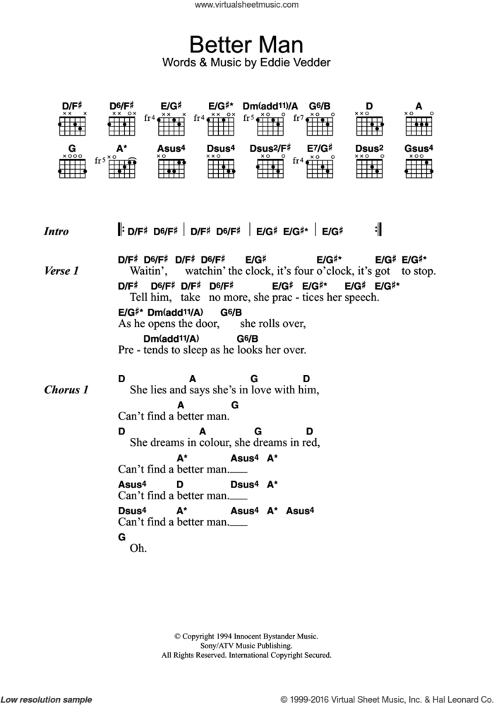 Better Man sheet music for guitar (chords) by Pearl Jam and Eddie Vedder, intermediate skill level