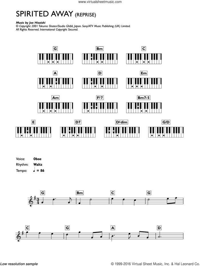 Reprise (from Spirited Away) sheet music for piano solo (chords, lyrics, melody) by Joe Hisaishi, intermediate piano (chords, lyrics, melody)