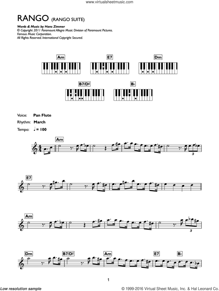 Rango Suite sheet music for piano solo (chords, lyrics, melody) by Hans Zimmer, intermediate piano (chords, lyrics, melody)