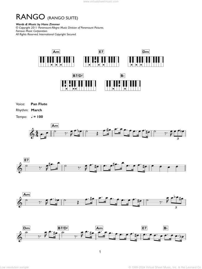 Rango Suite sheet music for piano solo (chords, lyrics, melody) by Hans Zimmer, intermediate piano (chords, lyrics, melody)