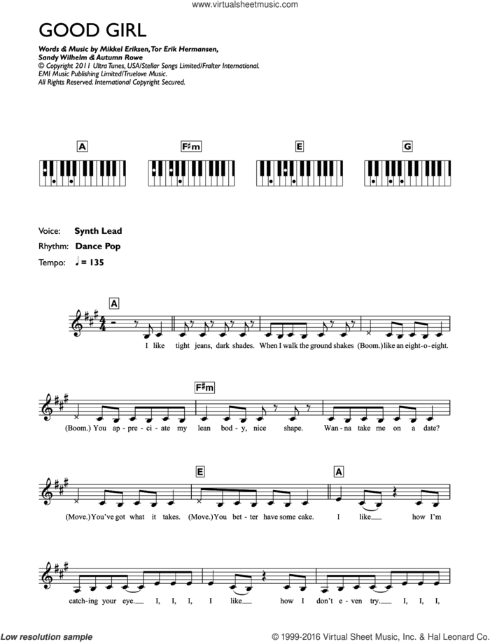 Good Girl sheet music for piano solo (chords, lyrics, melody) by Alexis Jordan, Autumn Rowe, Mikkel Eriksen, Sandy Wilhelm and Tor Erik Hermansen, intermediate piano (chords, lyrics, melody)