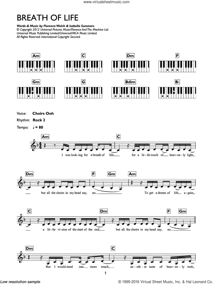 Breathe Of Life sheet music for piano solo (chords, lyrics, melody) by Florence And The Machine, Florence Welch and Isabella Summers, intermediate piano (chords, lyrics, melody)