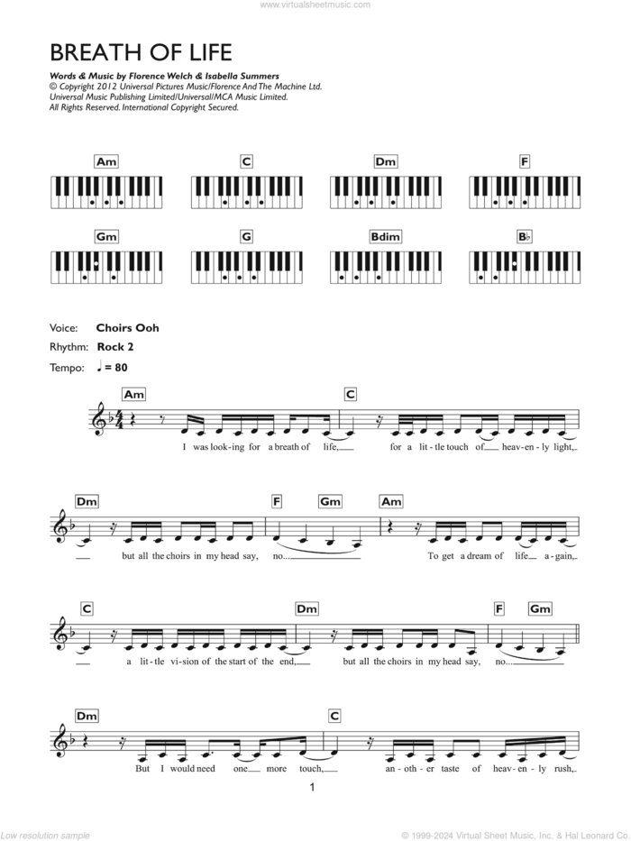 Breathe Of Life sheet music for piano solo (chords, lyrics, melody) by Florence And The Machine, Florence Welch and Isabella Summers, intermediate piano (chords, lyrics, melody)