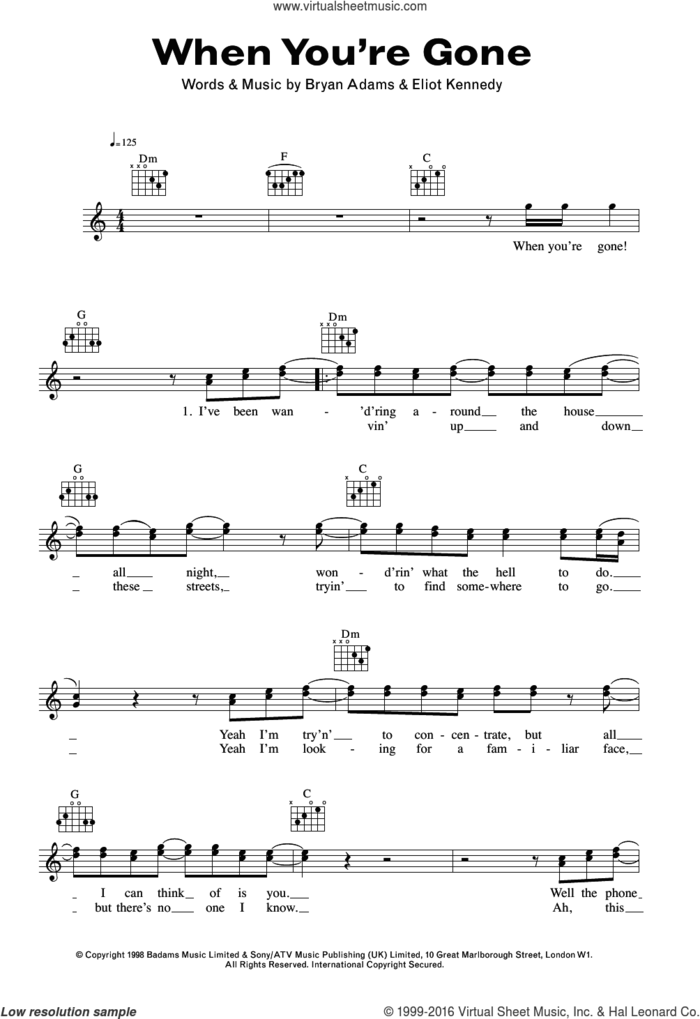 When You're Gone sheet music for voice and other instruments (fake book) by Bryan Adams, Chisholm Melanie and Eliot Kennedy, intermediate skill level
