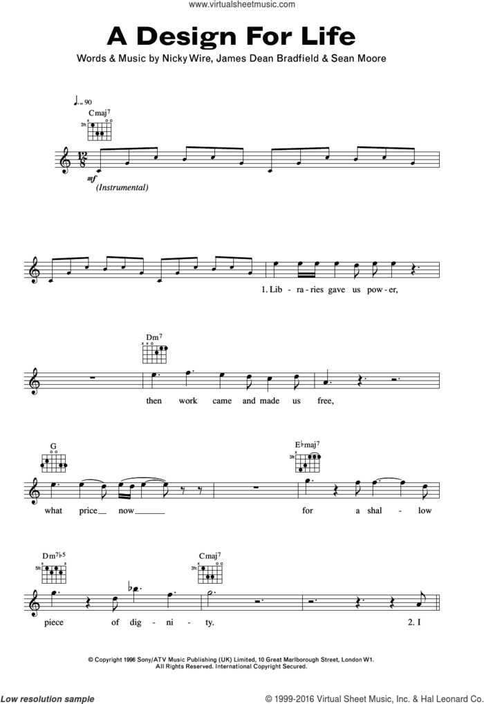 A Design For Life sheet music for voice and other instruments (fake book) by Manic Street Preachers, James Dean Bradfield, Nicky Wire and Sean Moore, intermediate skill level