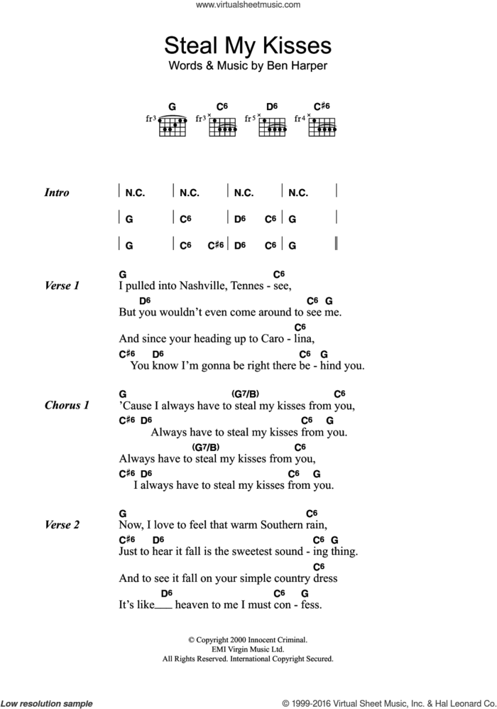 Steal My Kisses sheet music for guitar (chords) by Ben Harper, intermediate skill level