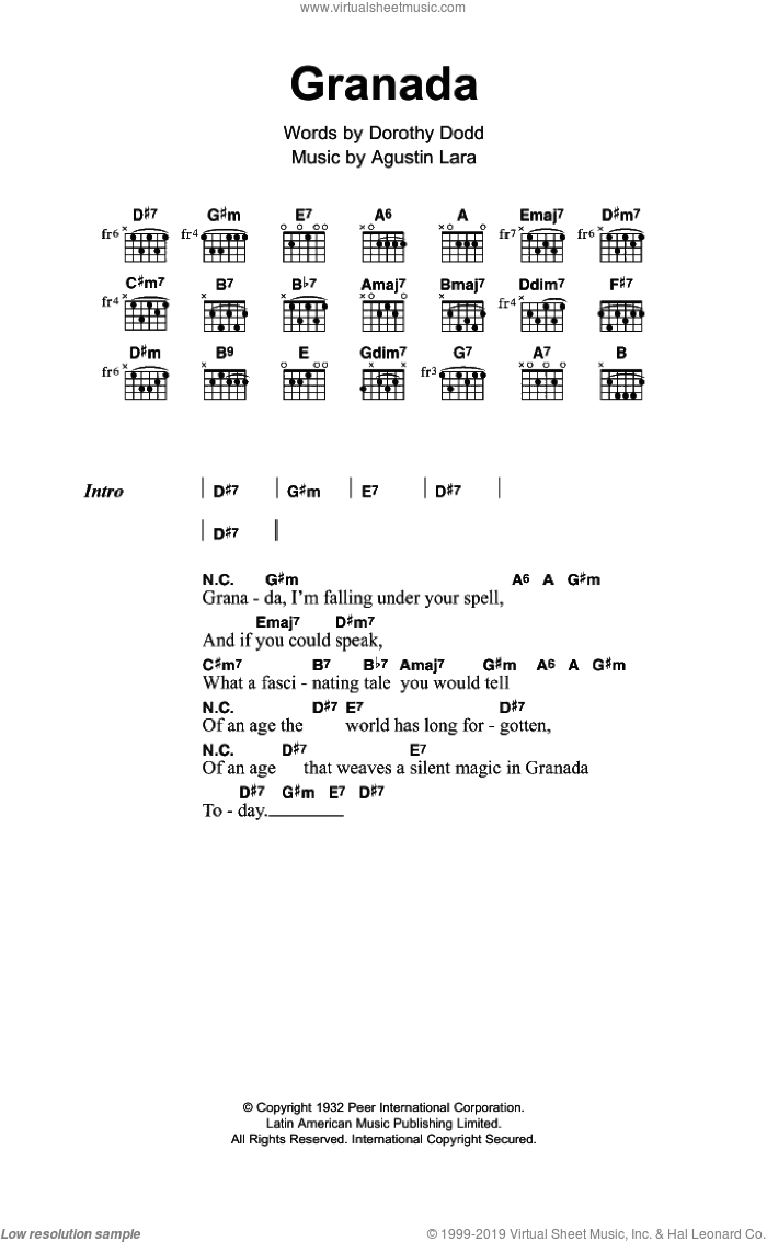 Granada sheet music for guitar (chords) by Agustin Lara and Dorothy Dodd, intermediate skill level