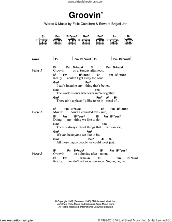 Groovin' sheet music for guitar (chords) by The Young Rascals, Edward Brigati Jr. and Felix Cavaliere, intermediate skill level