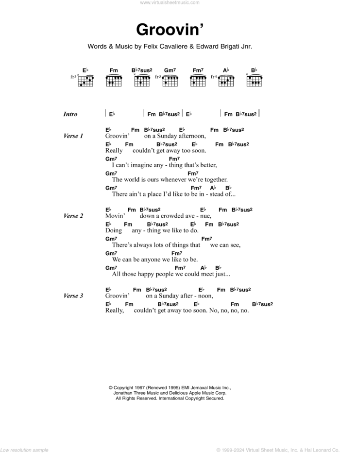 Groovin' sheet music for guitar (chords) by The Young Rascals, Edward Brigati Jr. and Felix Cavaliere, intermediate skill level