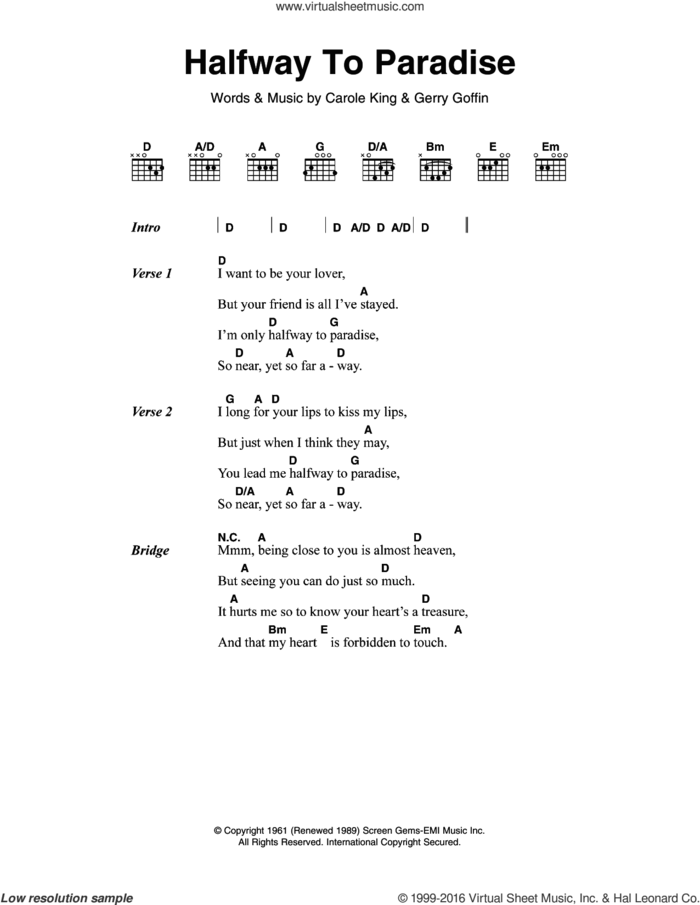 Halfway To Paradise sheet music for guitar (chords) by Billy Fury, Carole King and Gerry Goffin, intermediate skill level