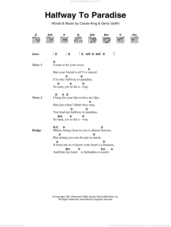 Halfway To Paradise sheet music for guitar (chords) by Billy Fury, Carole King and Gerry Goffin, intermediate skill level