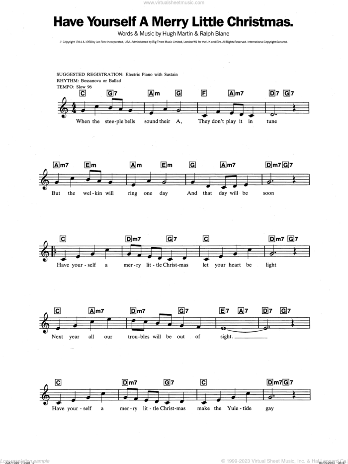 Have Yourself A Merry Little Christmas sheet music for piano solo (chords, lyrics, melody) by Frank Sinatra, Hugh Martin and Ralph Blane, intermediate piano (chords, lyrics, melody)