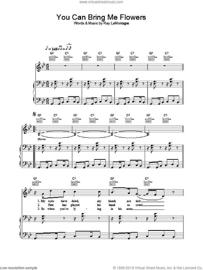 You Can Bring Me Flowers sheet music for voice, piano or guitar by Ray LaMontagne, intermediate skill level