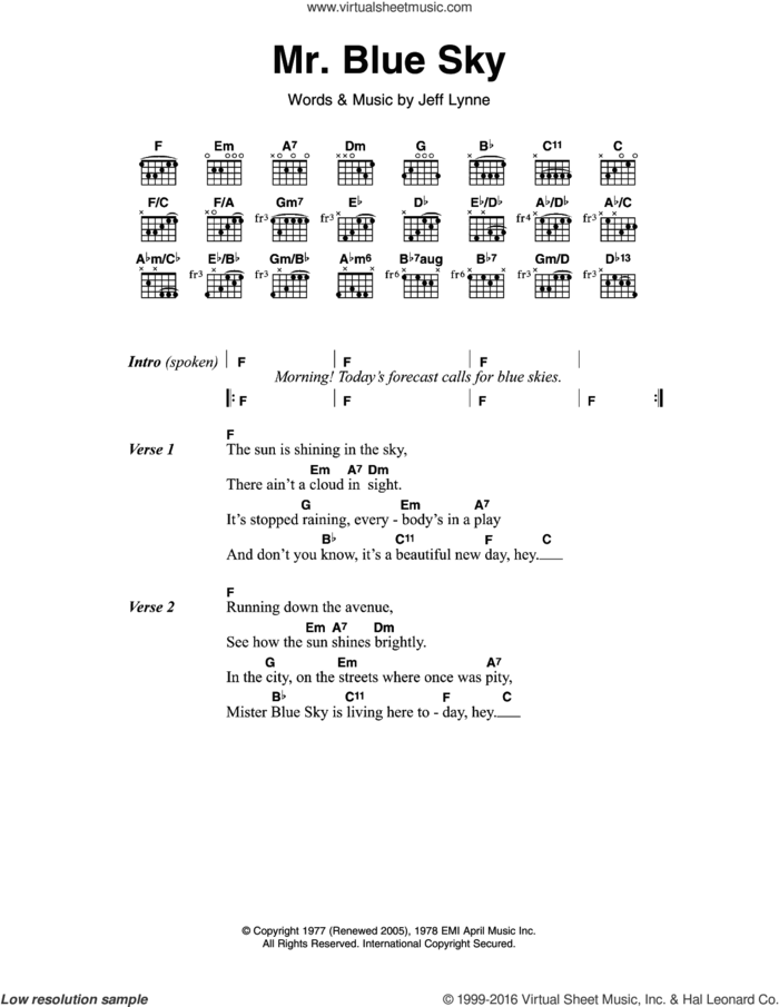 Mr. Blue Sky sheet music for guitar (chords) by Electric Light Orchestra and Jeff Lynne, intermediate skill level