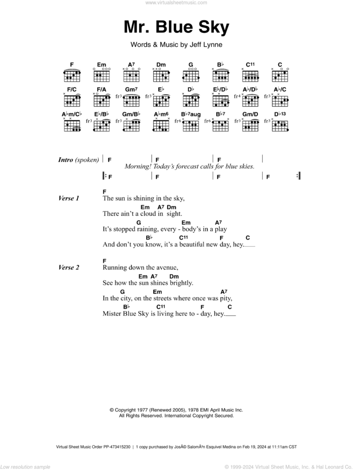 Mr. Blue Sky sheet music for guitar (chords) by Electric Light Orchestra and Jeff Lynne, intermediate skill level