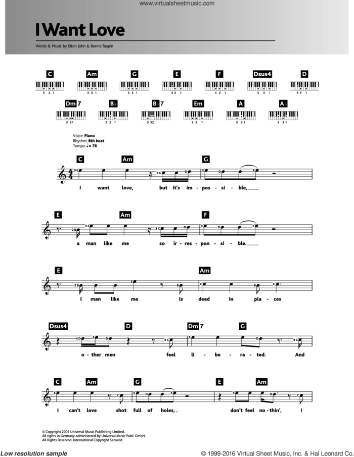 I Want Love sheet music for piano solo (chords, lyrics, melody) by Elton John and Bernie Taupin, intermediate piano (chords, lyrics, melody)