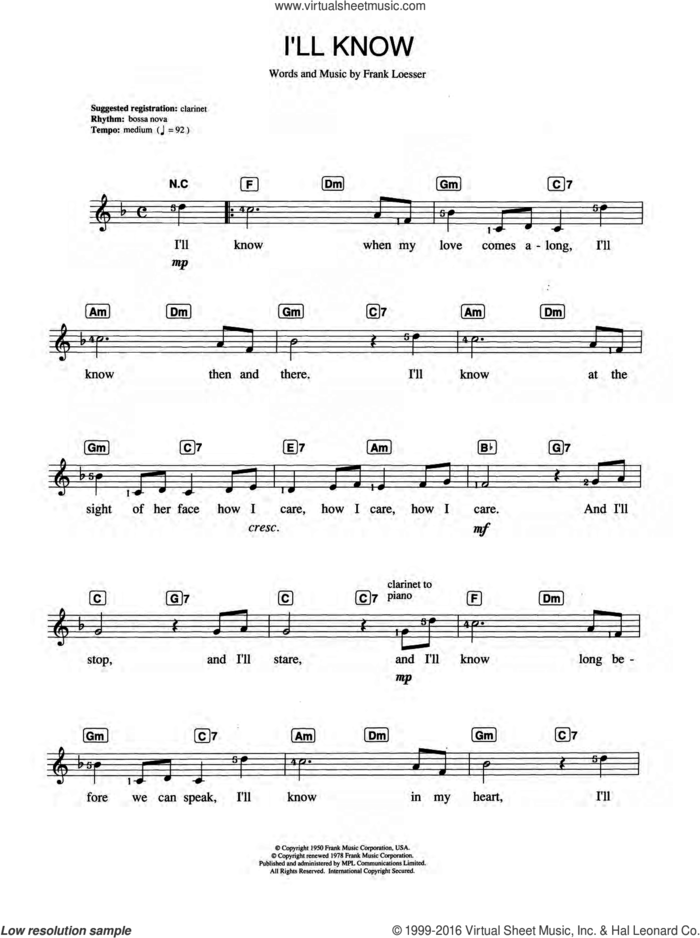 I'll Know (from Guys and Dolls) sheet music for piano solo (chords, lyrics, melody) by Frank Loesser, intermediate piano (chords, lyrics, melody)