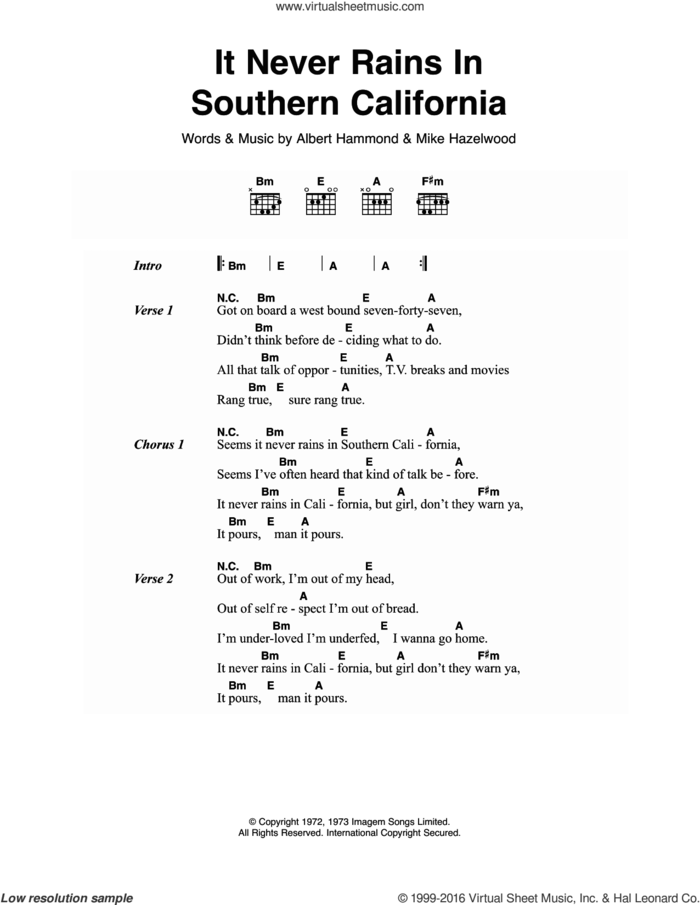 It Never Rains In Southern California sheet music for guitar (chords) by Albert Hammond and Michael Hazlewood, intermediate skill level