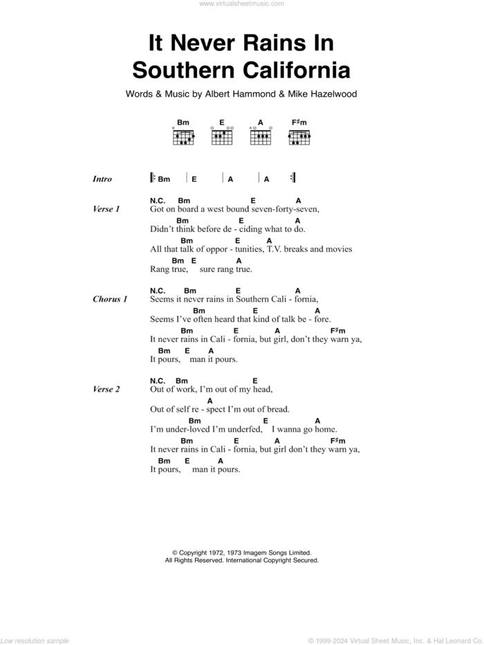 It Never Rains In Southern California sheet music for guitar (chords) by Albert Hammond and Michael Hazlewood, intermediate skill level