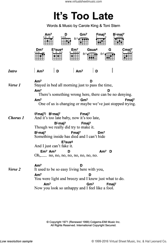 It's Too Late sheet music for guitar (chords) by Carole King and Toni Stern, intermediate skill level