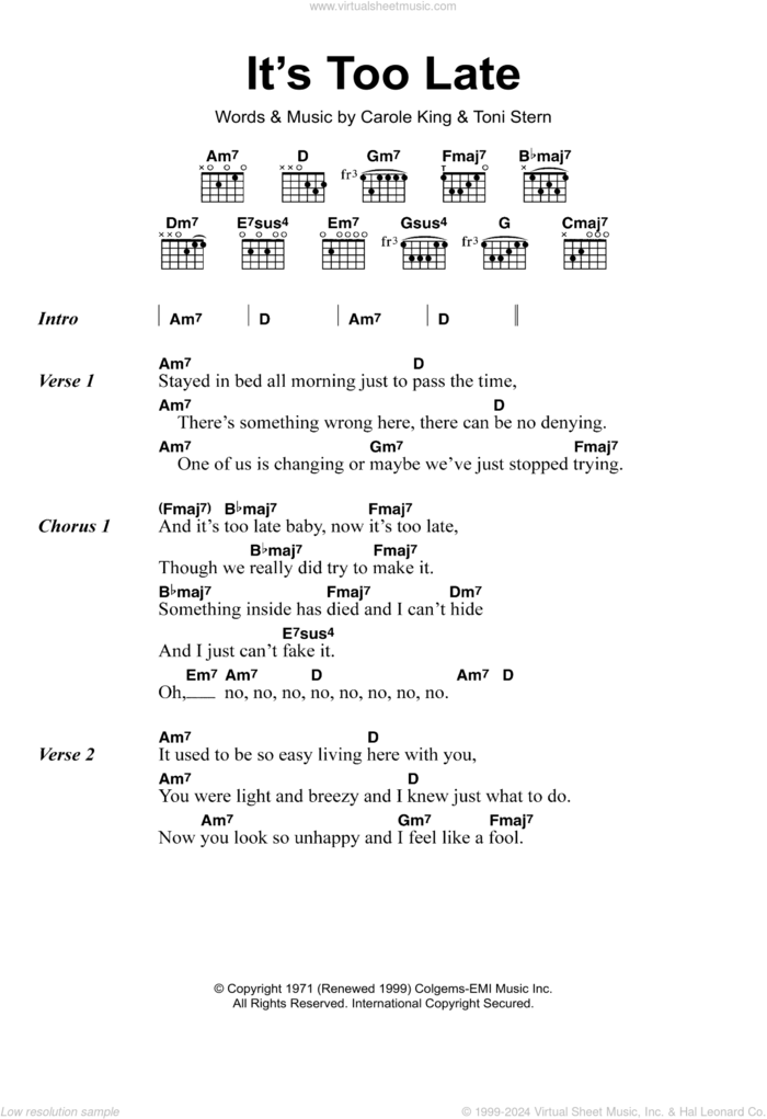 It's Too Late sheet music for guitar (chords) by Carole King and Toni Stern, intermediate skill level