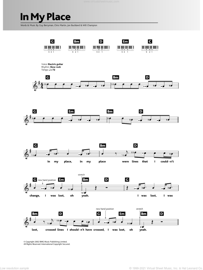 In My Place sheet music for piano solo (chords, lyrics, melody) by Coldplay, Chris Martin, Guy Berryman, Jonny Buckland and Will Champion, intermediate piano (chords, lyrics, melody)