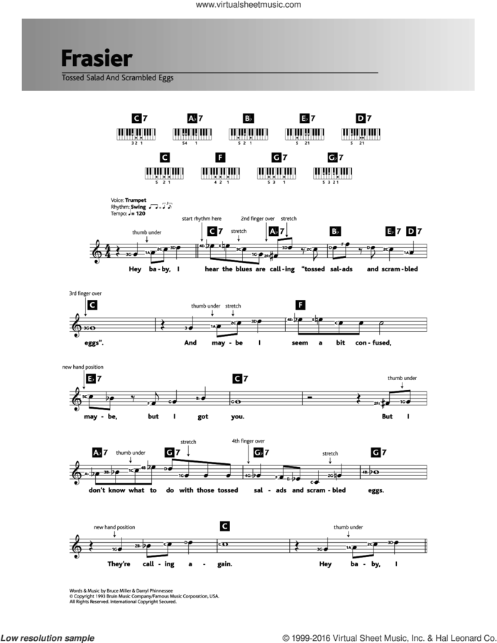 Tossed Salad And Scrambled Eggs (Theme from Frasier) sheet music for piano solo (chords, lyrics, melody) by Bruce Miller and Darryl Phinnessee, intermediate piano (chords, lyrics, melody)
