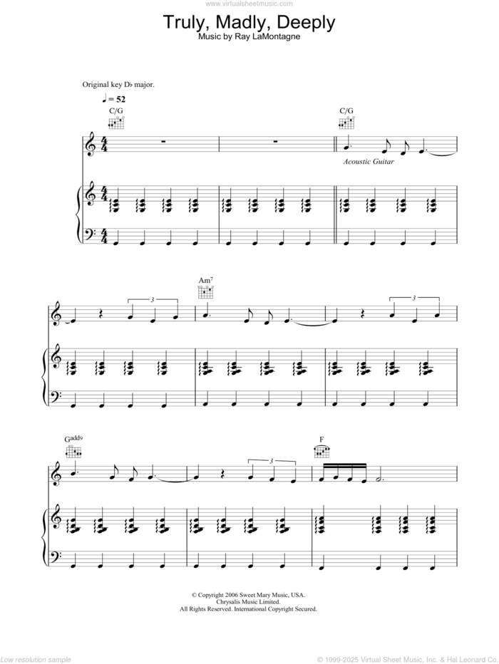 Truly, Madly, Deeply sheet music for voice, piano or guitar by Ray LaMontagne, intermediate skill level