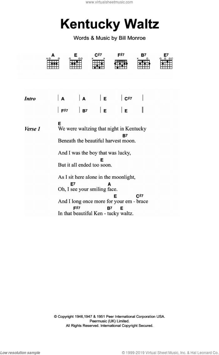 Kentucky Waltz sheet music for guitar (chords) by Bill Monroe, intermediate skill level