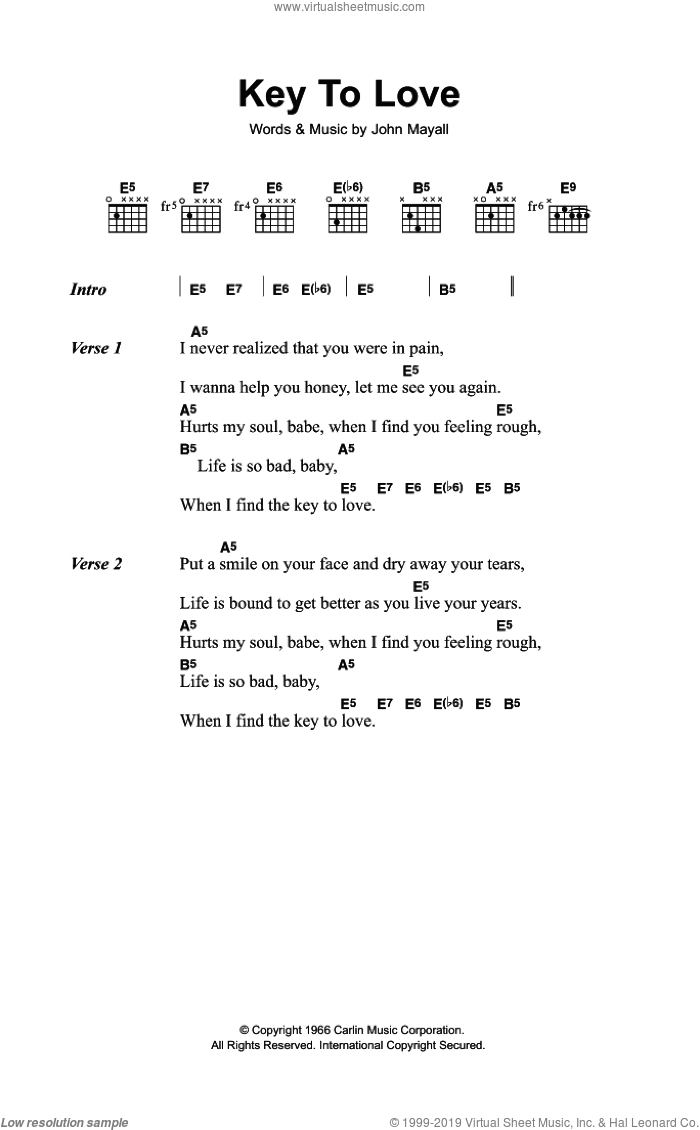 Key To Love sheet music for guitar (chords) by Eric Clapton and John Mayall, intermediate skill level