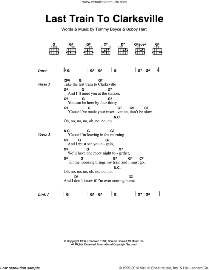 Last Train To Clarksville sheet music for guitar (chords) by The Monkees, Bobby Hart and Tommy Boyce, intermediate skill level