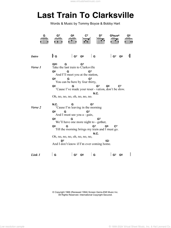 Last Train To Clarksville sheet music for guitar (chords) by The Monkees, Bobby Hart and Tommy Boyce, intermediate skill level