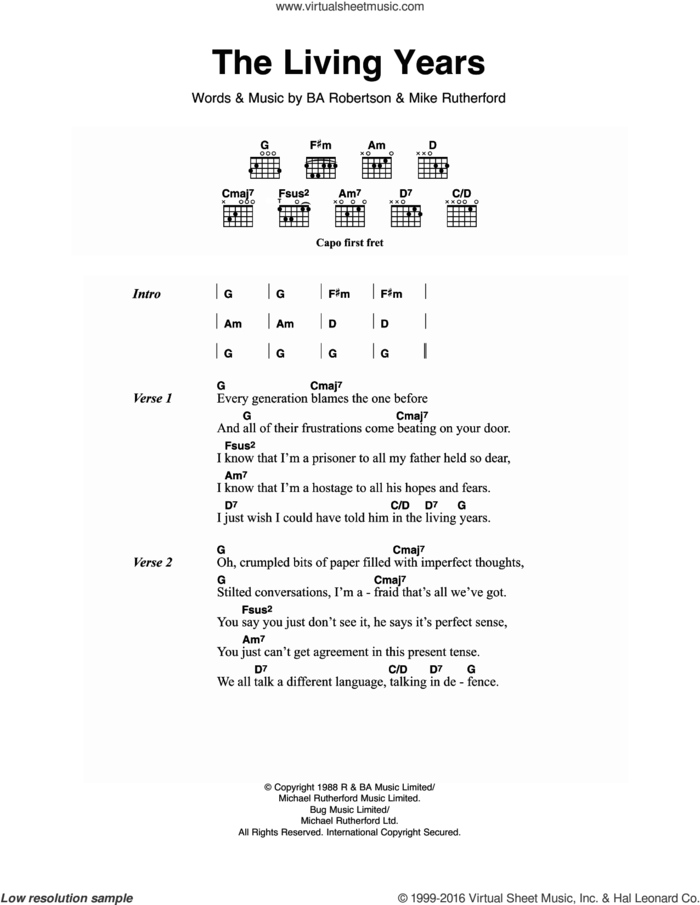 The Living Years sheet music for guitar (chords) by Mike and The Mechanics, B.A. Robertson and Mike Rutherford, intermediate skill level