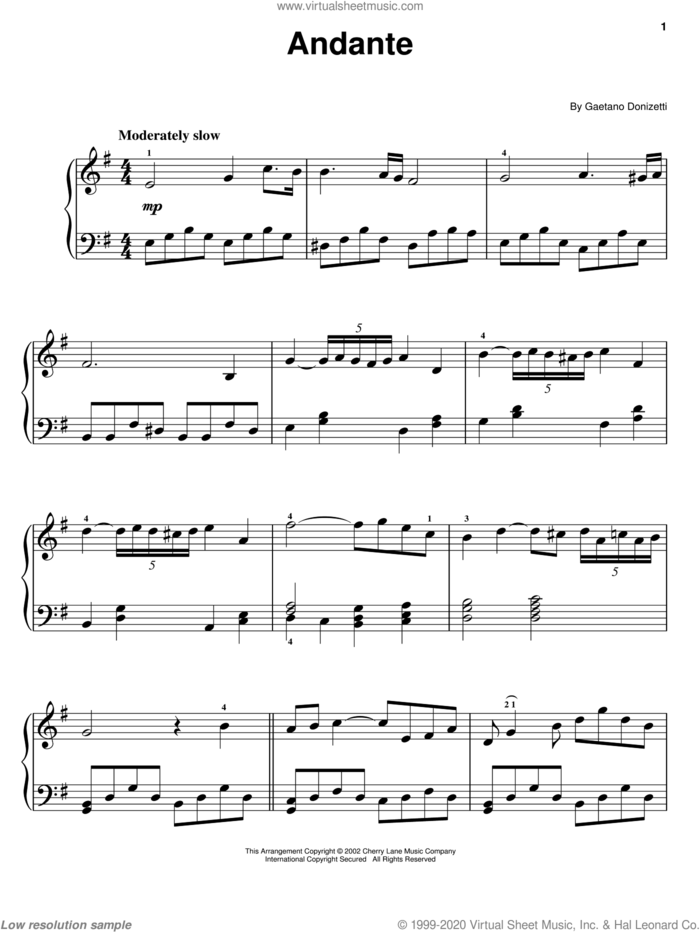 Andante sheet music for piano solo by Gaetano Donizetti, classical score, easy skill level