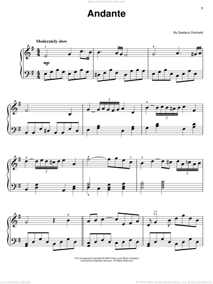 Andante sheet music for piano solo by Gaetano Donizetti, classical score, easy skill level